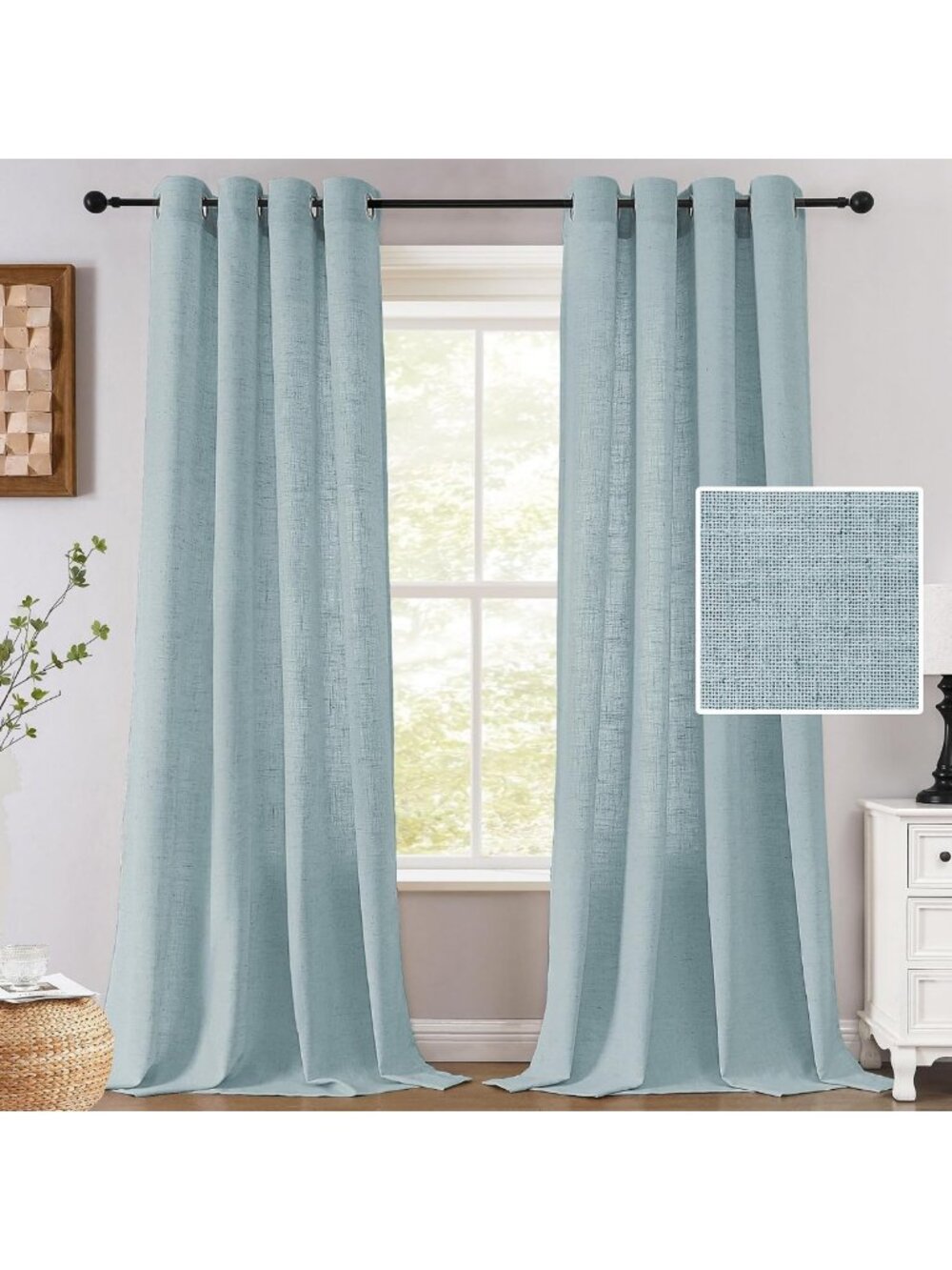 Linen Fabric Curtains for Living Room, 96 Inches, Cloud Blue - Elegant Window
